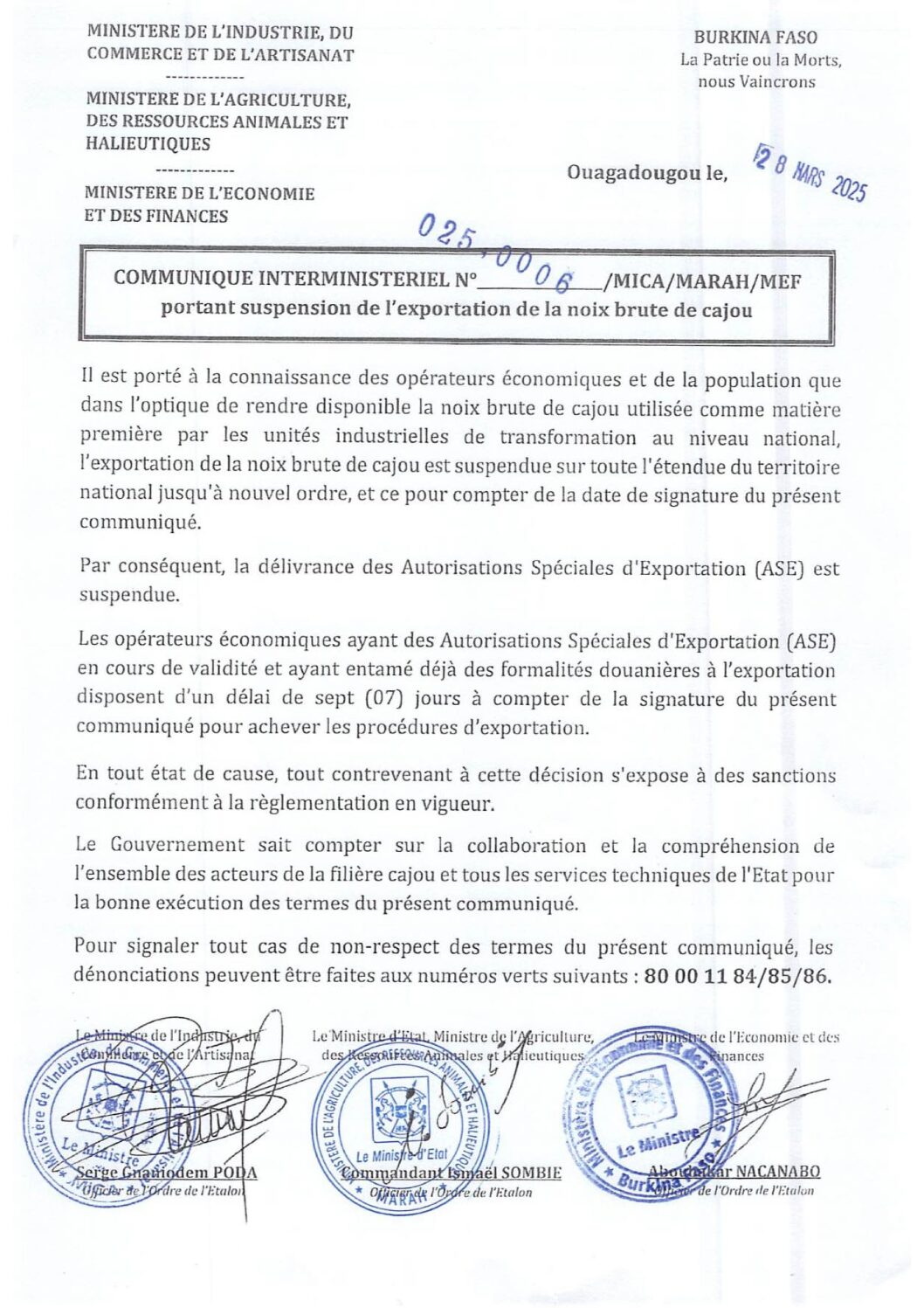 Burkina Faso-Suspension d'exportation de noix brutes de cajou