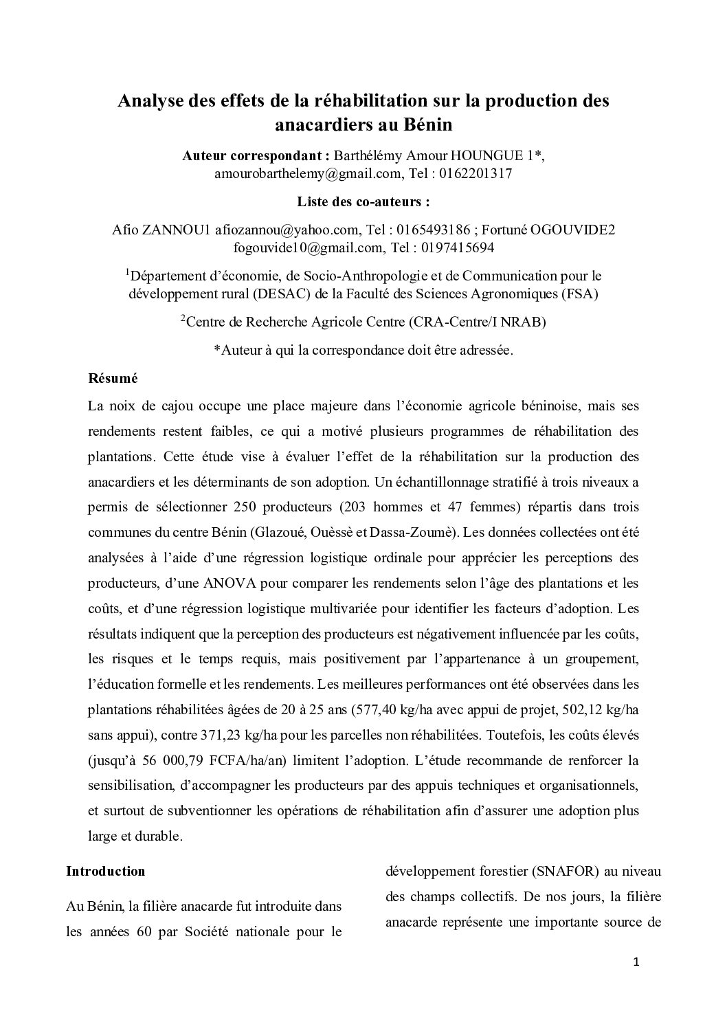 Analyse des effets de la réhabilitation sur la production des anacardiers au Bénin