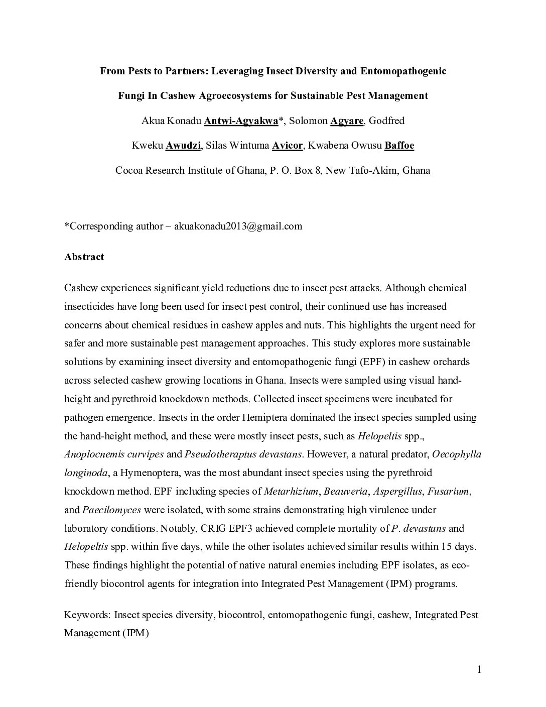 From Pests to Partners: Leveraging Insect Diversity and Entomopathogenic Fungi In Cashew Agroecosystems for Sustainable Pest Management