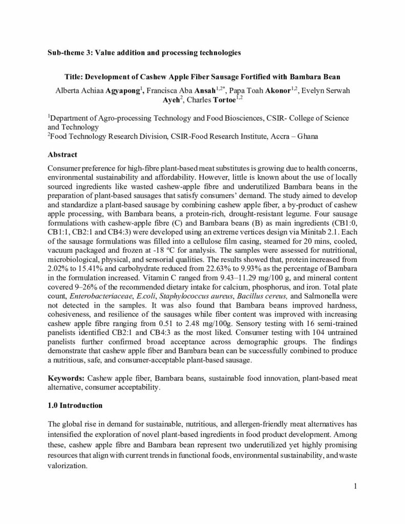 Development of Cashew Apple Fiber Sausage Fortified with Bambara Bean