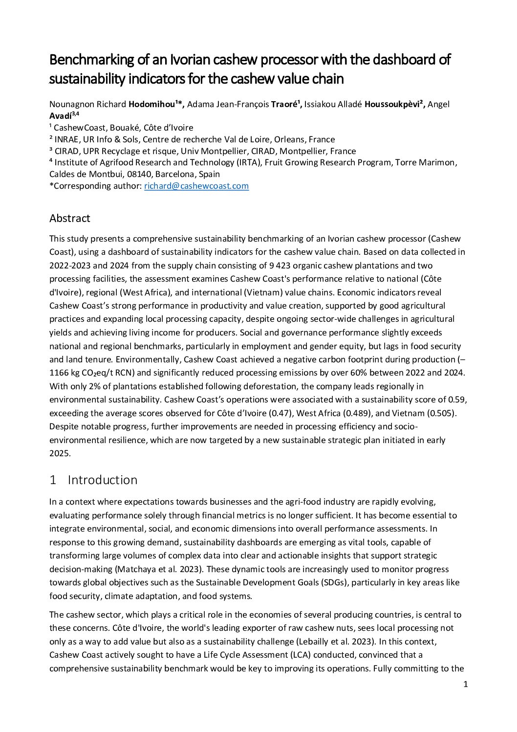 Benchmarking of an Ivorian cashew processor with the dashboard of sustainability indicators for the cashew value chain