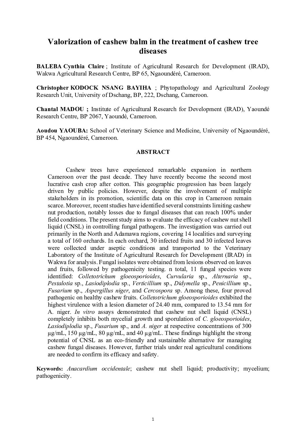Valorization of cashew balm in the treatment of cashew tree diseases