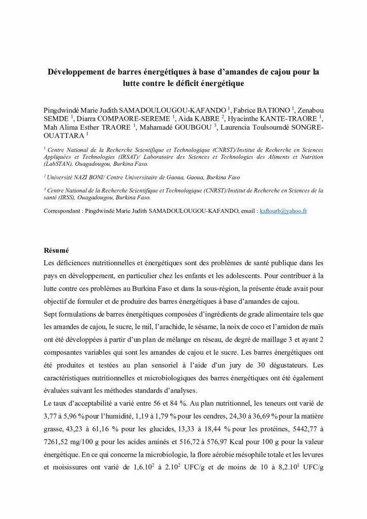 Développement de barres énergétiques à base d’amandes de cajou pour la lutte contre le déficit énergétique