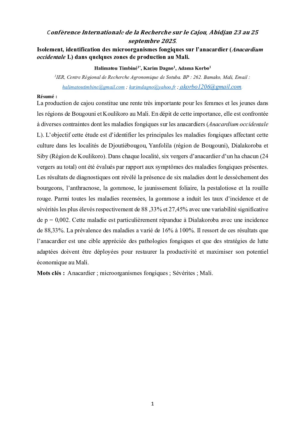 Isolement, identification des microorganismes fongiques sur l’anacardier (Anacardium occidentale L) dans quelques zones de production au Mali