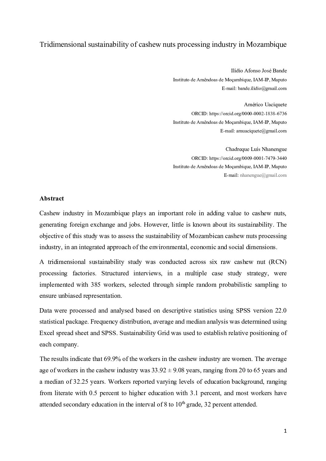 Tridimensional sustainability of cashew nuts processing industry in Mozambique